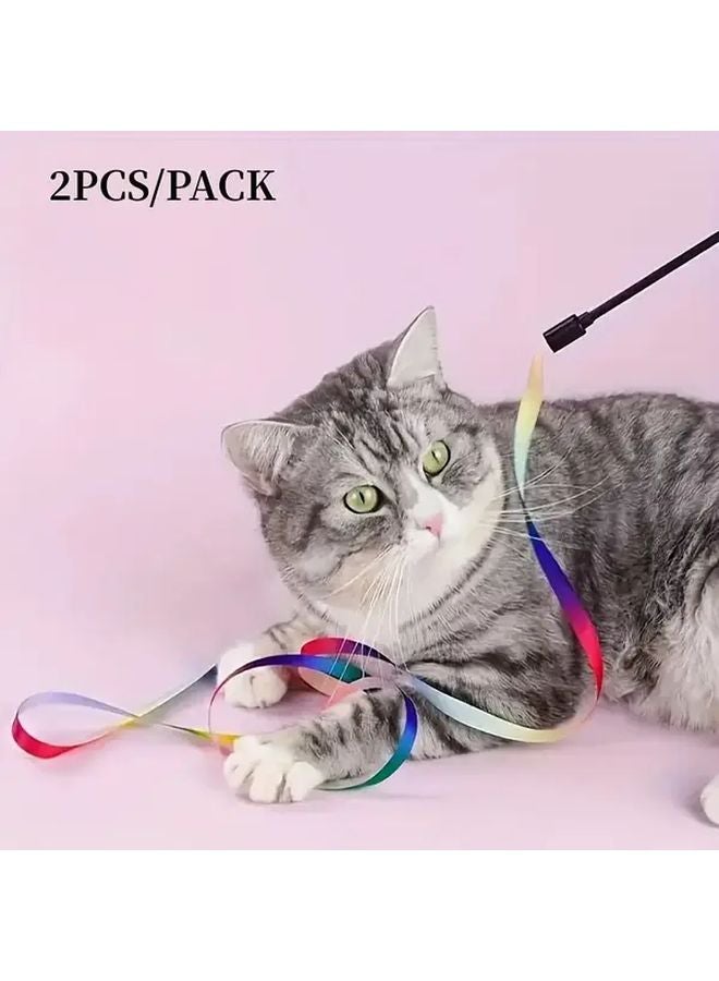 Iridescent Rainbow Ribbon Cat Teaser Wand Toy 2 Pack Interactive Kitten Play Battery Free - Image 3